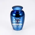 Small blue metallic keepsake urn with memorial quote for human or pet ashes storage - Sapphire Blue