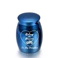 Small blue stainless steel memorial cremation urn with Riding in Heaven motorcycle design - To Daughter / Blue