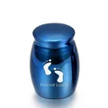 Mini blue stainless steel pet cremation urn with footprints and Forever Loved text - Pet Memorial Urn Jar / Blue