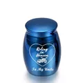 Blue stainless steel memorial urn with Riding in Heaven motorcycle engraving - To Uncle / Blue