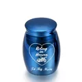 Small blue metallic memorial urn for ashes with Riding in Heaven heart and motorcycle design - To Mom / Blue