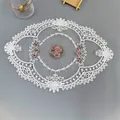 Macro detail of a white hollow lace mesh patch featuring elegant pink floral embroidery - 29*39cm / White