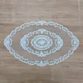 Top view of an elegant white oval lace tablecloth with intricate floral embroidery - 44*71cm / Pure White