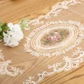 Close-up detail of an elegant European lace mesh table runner with floral embroidery - 30*90cm / Beige