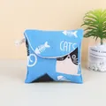 Portable blue cotton linen sanitary napkin storage bag with cute cat and fish pattern design - 13*13cm / Blue Cat