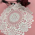 Elegant white embroidered round lace coaster with vintage floral pattern Korean style - 25x25cm / Shiny Beige