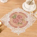 Vintage white lace coaster with elegant pink rose embroidery for home decor use - 18*24cm / White