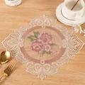Exquisite embroidered rose lace placemat with hollow design shown on wooden table - 18*24cm / Camel