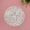 Close-up detail of vintage white floral lace embroidery on a circular decorative placemat - 18x18cm / White
