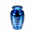 Detailed macro view of blue metallic pet cremation urn with engraved dog hair quote - 70*45mm / Royal Blue (Home Quote)