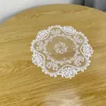 Elegant round white embroidered lace doily on wooden table surface - Polyester Model / 30cm Round / White