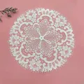 Detailed view of intricate white French lace embroidery coaster on pink surface - 27*27cm / White