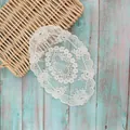Vintage ivory embroidered floral lace coaster on a rustic teal wooden background - Oval Style (u10465) / 19x30cm / White