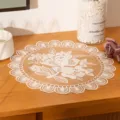 White round lace flower embroidered placemat and mesh coaster on a wooden table - 30cm / White
