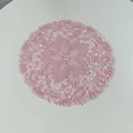 Detailed view of intricate pink embroidered lace placemat with floral openwork pattern - 27x27cm / Light Pink
