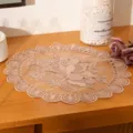 Close-up of elegant floral embroidery and scalloped lace edge on a mesh placemat. - 30cm / Dusty Pink