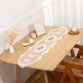 Elegant white lace table runner with floral embroidery shown on a wooden dining table - 30*100cm / White