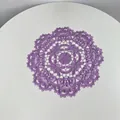 Close-up detail of a purple circular embroidered lace placemat with floral pattern - 28cm Round / Purple
