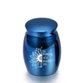 Small blue stainless steel memorial cremation urn with sunflower engraving for ashes - Blue