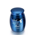 Blue metallic mini memorial urn for human or pet ashes with heart quote and hummingbird - Blue