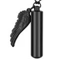 Close-up of black stainless steel cylinder cremation urn necklace with wing charm. - Black