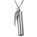 Detail view of a stainless steel cylinder cremation pendant with an angel wing charm - Silver
