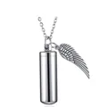 Macro view of stainless steel cylinder cremation urn necklace with angel wing charm - Silver