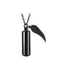 Detailed view of black stainless steel cylinder cremation urn necklace with wing charm - Black