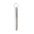 Close-up of portable stainless steel storage tube with keychain for straws or toothpicks - Silver