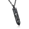 Black bullet urn necklace featuring an engraved silver cross and the Lord's Prayer. - Black With Cross O-Chain
