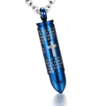 Macro view of blue bullet cremation urn necklace with cross and Lord's Prayer - Blue With Cross O-Chain