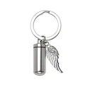 Macro detail of stainless steel cylindrical cremation urn keychain with rose wing charm - 11*28mm / Steel Color