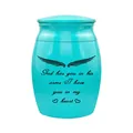 Detailed view of cyan mini cremation urn featuring engraved memorial quote and wings motif - Blue (Angel Wings)