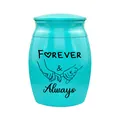 Detail view of turquoise cremation urn with Forever & Always engraving and pinky swear art - Forever and Always Pinky Promise Style / Blue