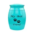 Close-up of turquoise aluminum pet cremation urn with 'My Best Friend' engraving. - My Best Friend (Style 3) / Cyan Blue