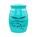 Detailansicht einer türkisen Tierurne mit Gedenkspruch 'Your Wings were ready'. - Blue (Wings & Heart)
