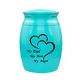 Turquoise mini cremation urn for dad ashes with engraved hearts and text - DAD / Blue