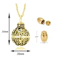 Detail view showing dimensions of gold filigree round cremation urn necklace set - Gold