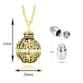 Detail view of 34mm gold filigree urn necklace showing dimensions and inner capsule. - Silver