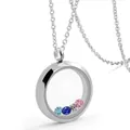 Close-up of a silver titanium steel locket pendant necklace with colorful birthstones - With 12 Birthstone Crystals / M