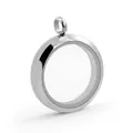Detail view of a silver titanium steel circular locket pendant with clear glass. - Without Birthstones / M