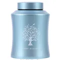 Detailed view of tree of life engraving on light blue metallic memorial cremation urn - 21.5*14.5cm / Blue