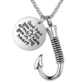 Stainless steel fishhook memorial urn necklace with engraved heart sentiment charm - In Arms And Heart Style (No. 3) / Silver