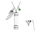 Collana urna in acciaio inox con cilindro trasparente, ala d'angelo e gemma verde - Agosto (Verde Chiaro)