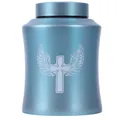 Elegant blue stainless steel pet cremation urn with engraved winged cross memorial - Blue (21.5x14.5cm) / Blue