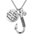 Stainless steel fish hook cremation urn necklace with moon and back charm and crystal - Love You To The Moon And Back Style (No. 4) / Silver