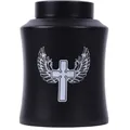 Durable black stainless steel pet cremation urn with cross and angel wings engraving - Black (21.5x14.5cm)