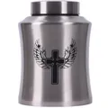 Stainless steel pet cremation urn for dogs and cats with engraved cross and angel wings - Silver (21.5x14.5cm)