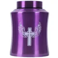 Purple stainless steel pet cremation urn with engraved cross and angel wings design - Purple (21.5x14.5cm)