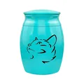 Kleine türkisfarbene Haustier Urne mit minimalistischem schwarzem Katzensilhouetten Design - Katzenmuster / Blau